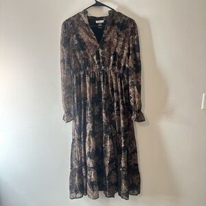 Wild Moss Women's Midi Long Sleeve Dress Brown Black Gold Floral Western Large